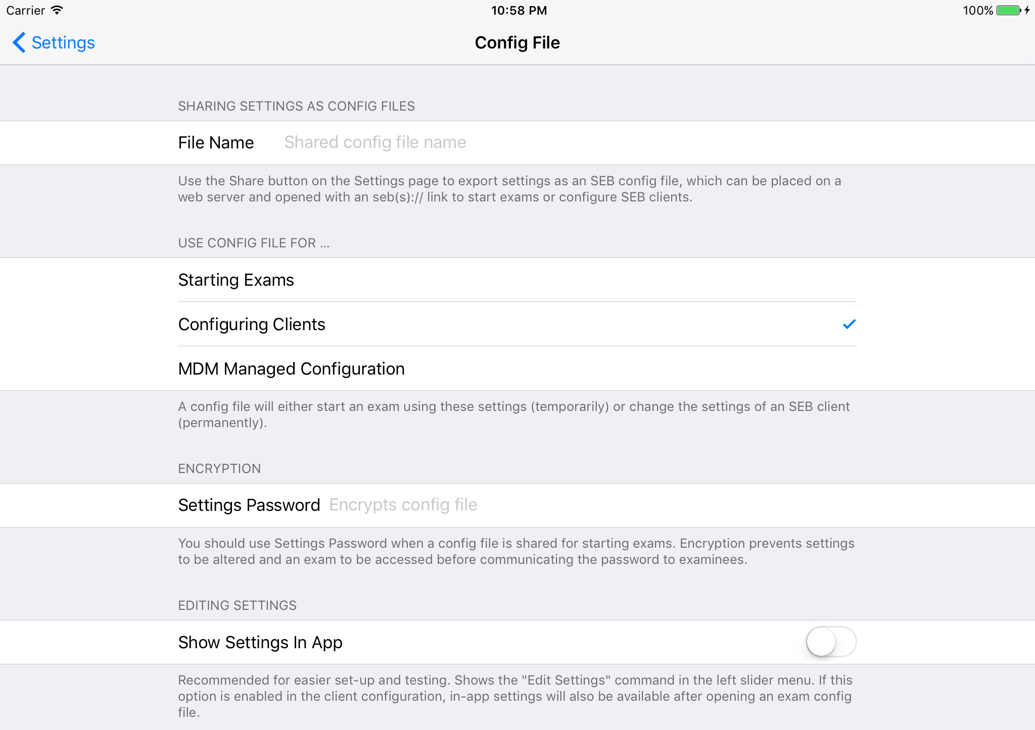 SEB Settings in Config File Section